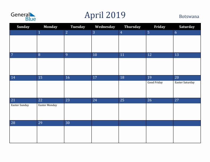 April 2019 Botswana Calendar (Sunday Start)