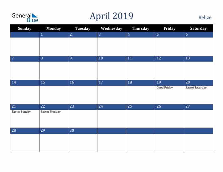 April 2019 Belize Calendar (Sunday Start)