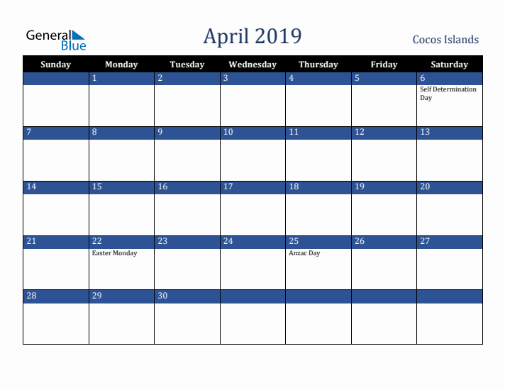 April 2019 Cocos Islands Calendar (Sunday Start)