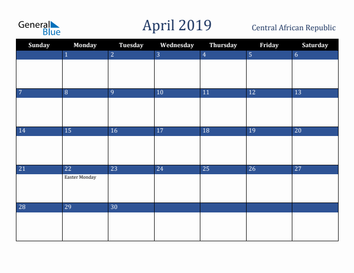 April 2019 Central African Republic Calendar (Sunday Start)