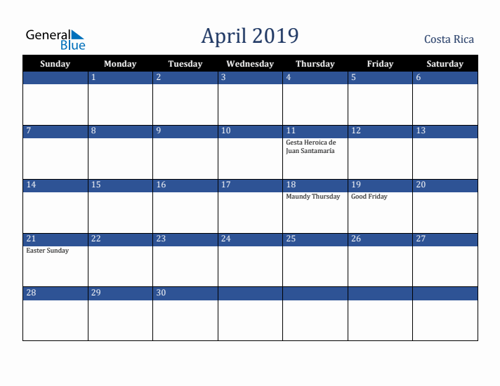 April 2019 Costa Rica Calendar (Sunday Start)