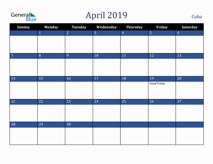 April 2019 Cuba Calendar (Sunday Start)