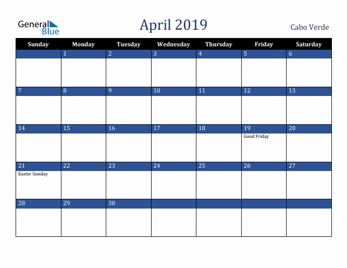 April 2019 Cabo Verde Calendar (Sunday Start)