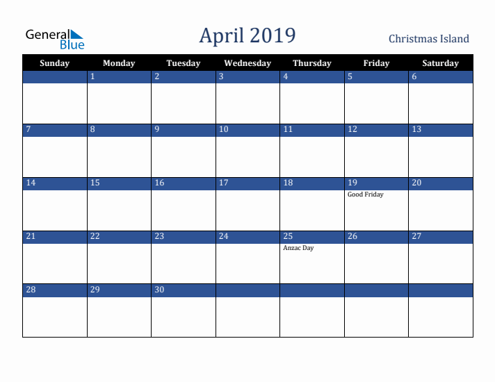 April 2019 Christmas Island Calendar (Sunday Start)