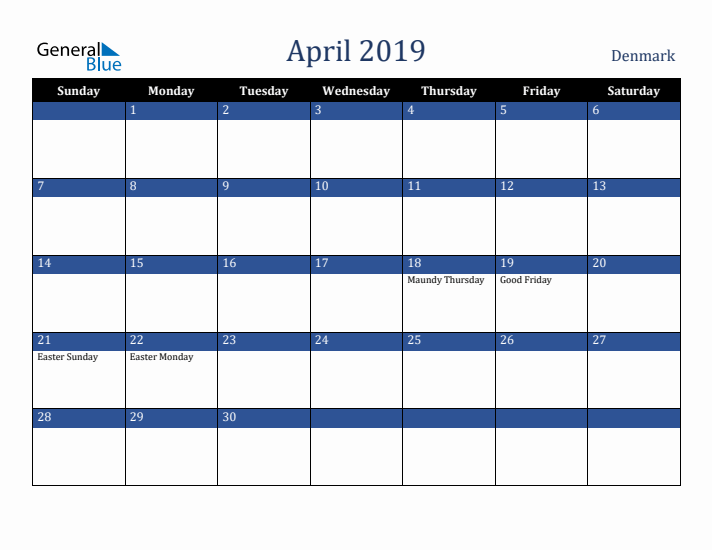 April 2019 Denmark Calendar (Sunday Start)