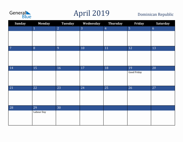 April 2019 Dominican Republic Calendar (Sunday Start)