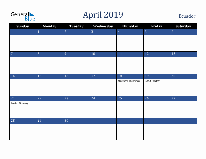 April 2019 Ecuador Calendar (Sunday Start)