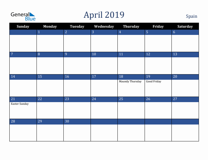 April 2019 Spain Calendar (Sunday Start)