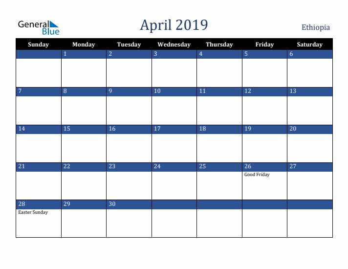 April 2019 Ethiopia Calendar (Sunday Start)