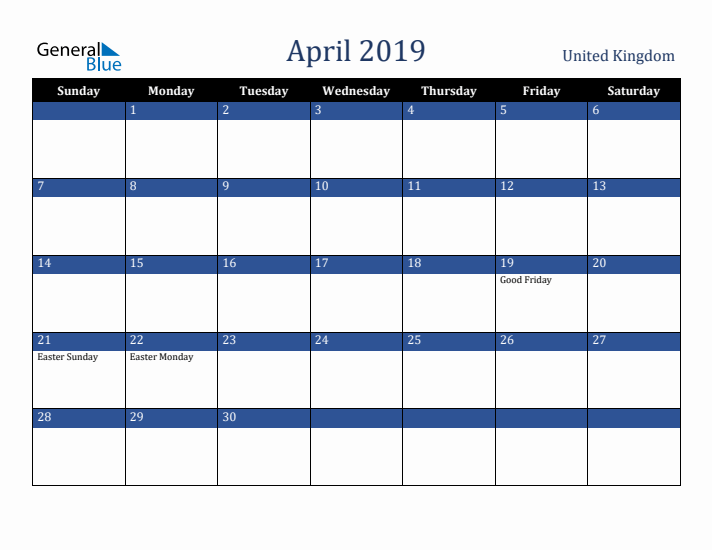 April 2019 United Kingdom Calendar (Sunday Start)