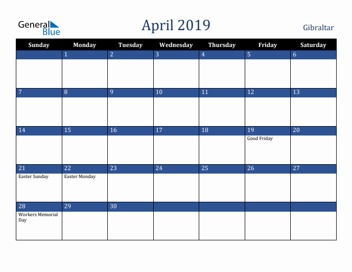 April 2019 Gibraltar Calendar (Sunday Start)