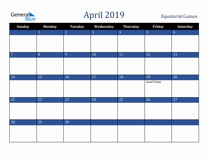 April 2019 Equatorial Guinea Calendar (Sunday Start)