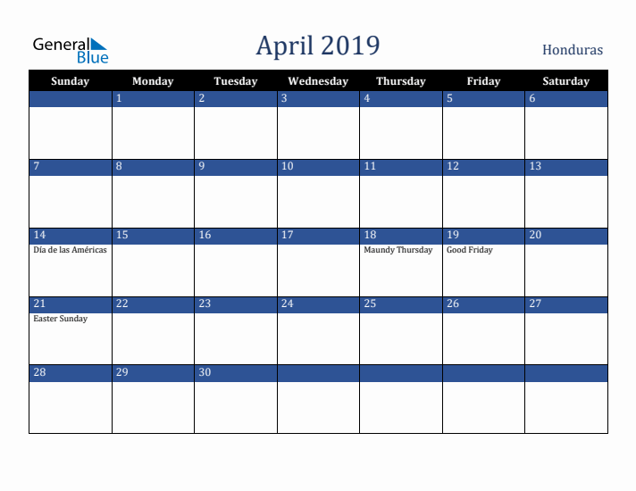 April 2019 Honduras Calendar (Sunday Start)