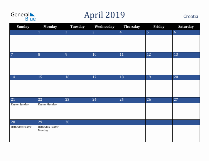 April 2019 Croatia Calendar (Sunday Start)