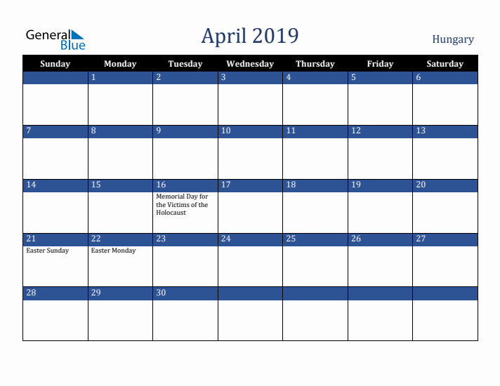 April 2019 Hungary Calendar (Sunday Start)