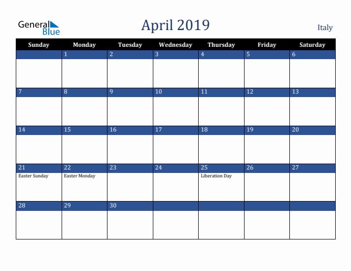 April 2019 Italy Calendar (Sunday Start)