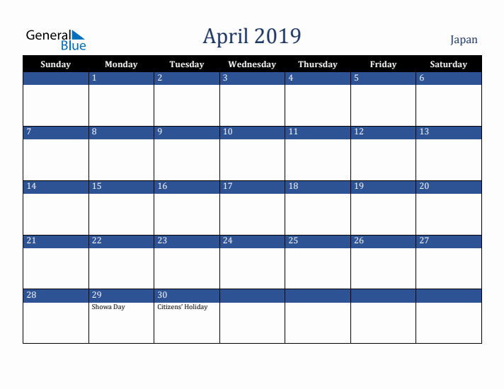 April 2019 Japan Calendar (Sunday Start)
