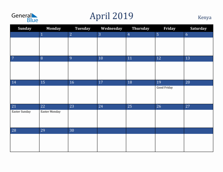 April 2019 Kenya Calendar (Sunday Start)