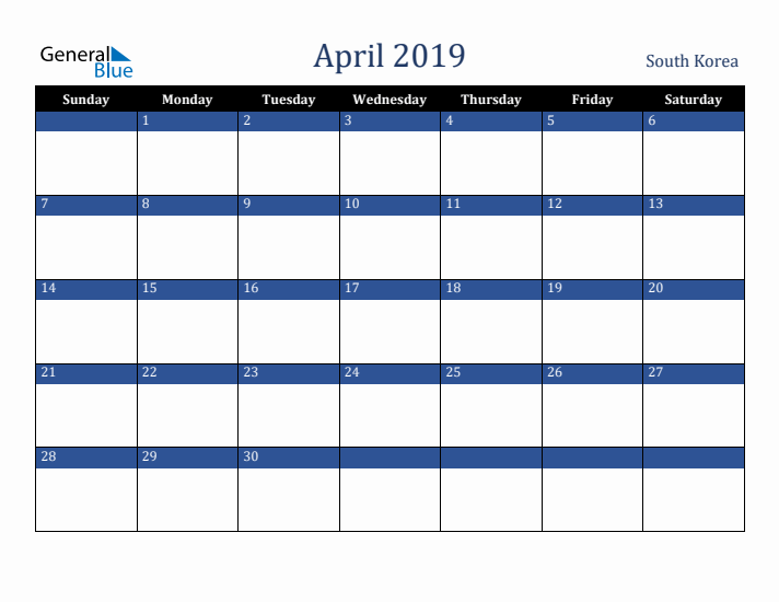 April 2019 South Korea Calendar (Sunday Start)