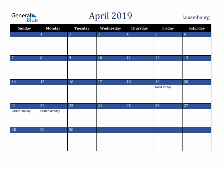 April 2019 Luxembourg Calendar (Sunday Start)