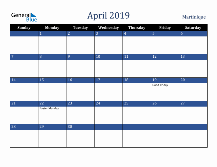 April 2019 Martinique Calendar (Sunday Start)