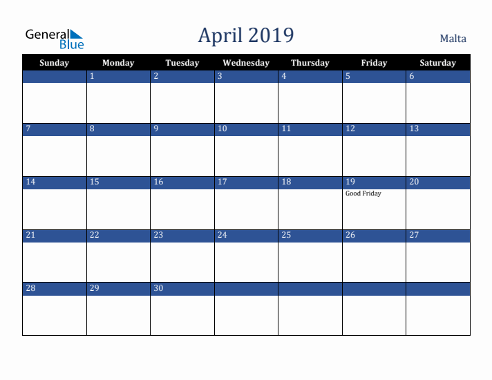 April 2019 Malta Calendar (Sunday Start)