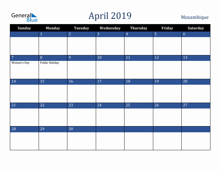 April 2019 Mozambique Calendar (Sunday Start)