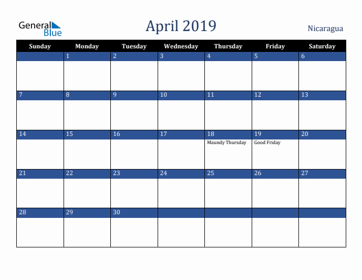 April 2019 Nicaragua Calendar (Sunday Start)