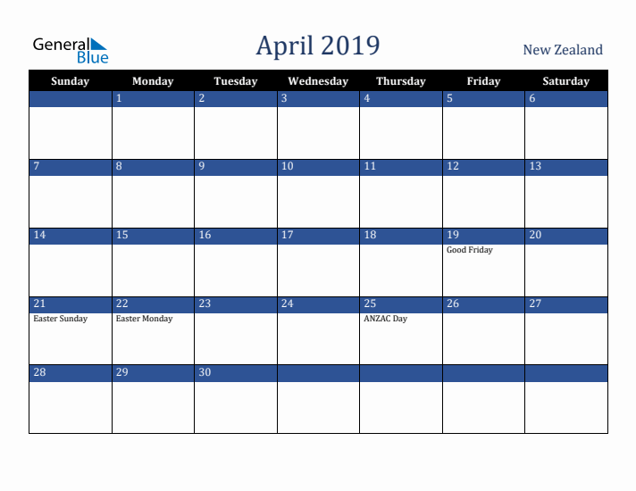 April 2019 New Zealand Calendar (Sunday Start)