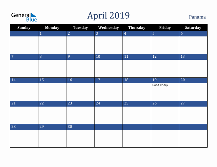 April 2019 Panama Calendar (Sunday Start)