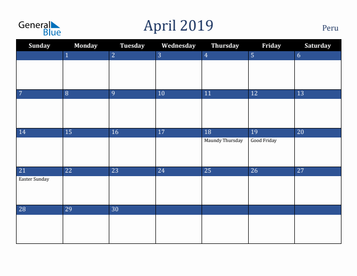 April 2019 Peru Calendar (Sunday Start)