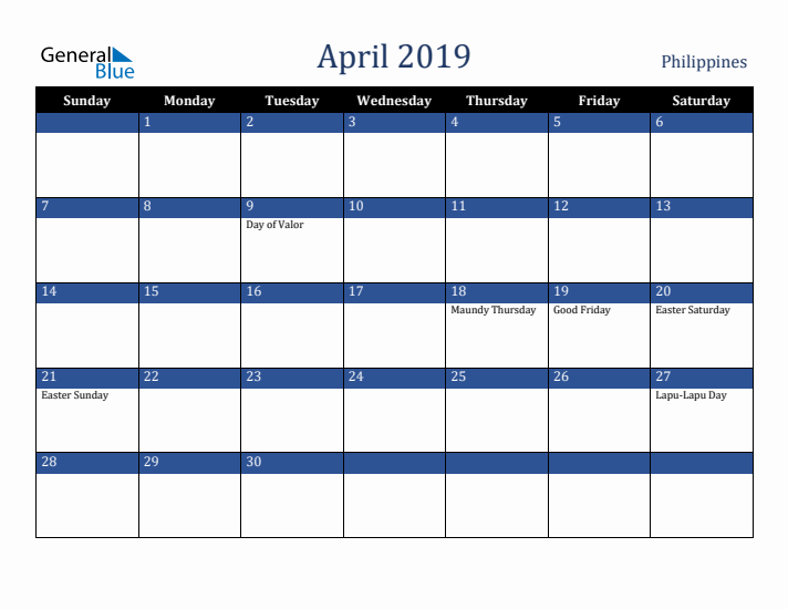 April 2019 Philippines Calendar (Sunday Start)