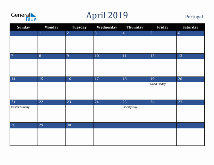 April 2019 Portugal Calendar (Sunday Start)