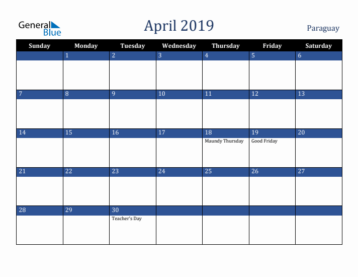 April 2019 Paraguay Calendar (Sunday Start)