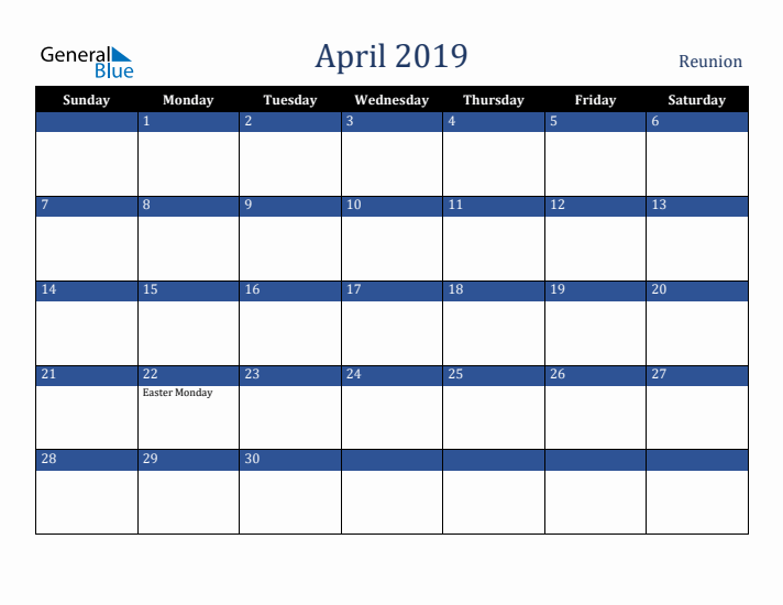 April 2019 Reunion Calendar (Sunday Start)