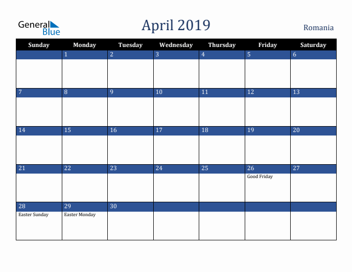 April 2019 Romania Calendar (Sunday Start)