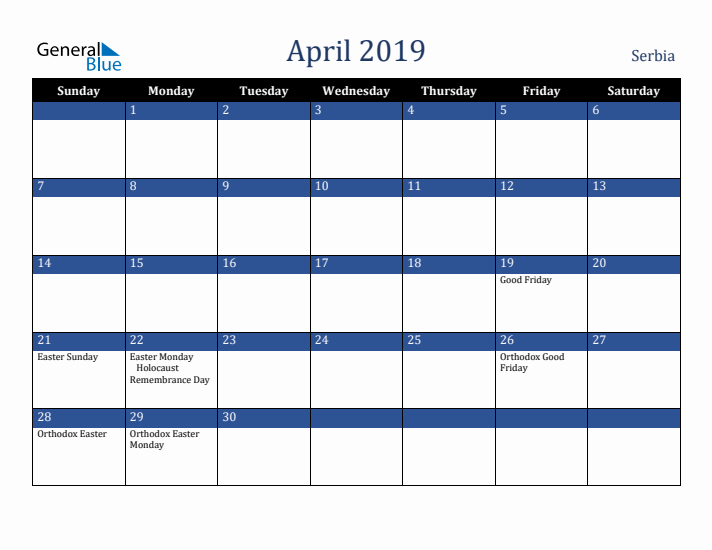 April 2019 Serbia Calendar (Sunday Start)