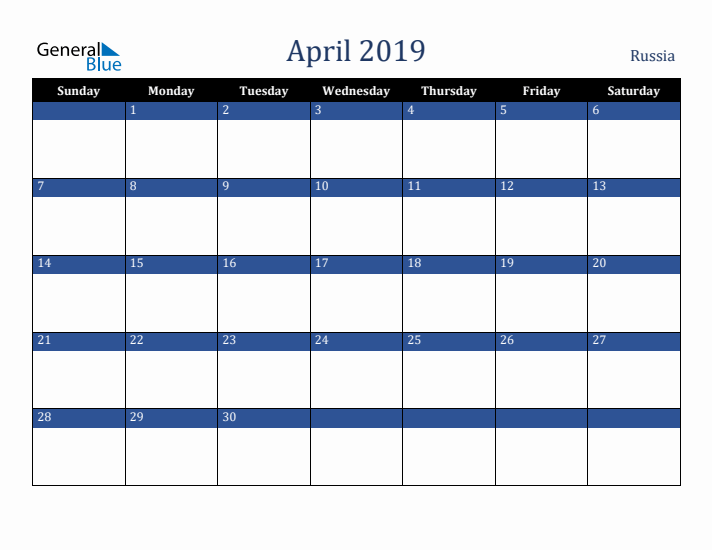 April 2019 Russia Calendar (Sunday Start)