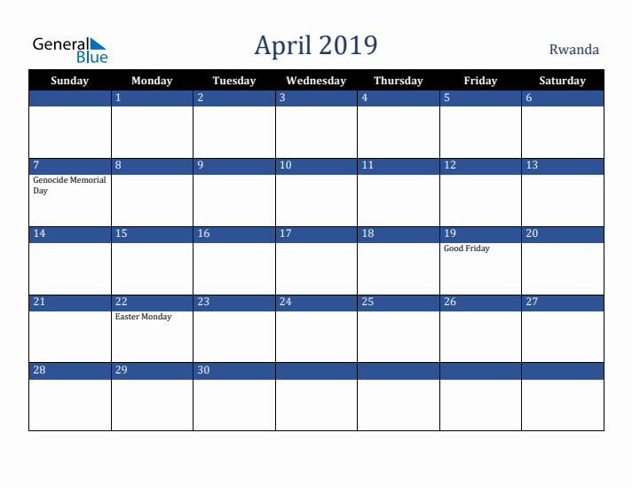 April 2019 Rwanda Calendar (Sunday Start)