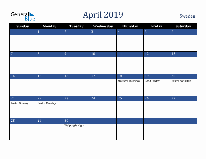 April 2019 Sweden Calendar (Sunday Start)
