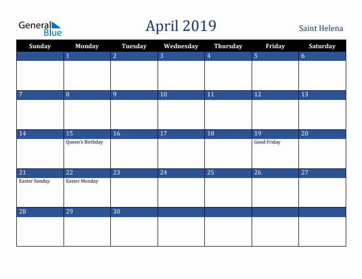 April 2019 Saint Helena Calendar (Sunday Start)