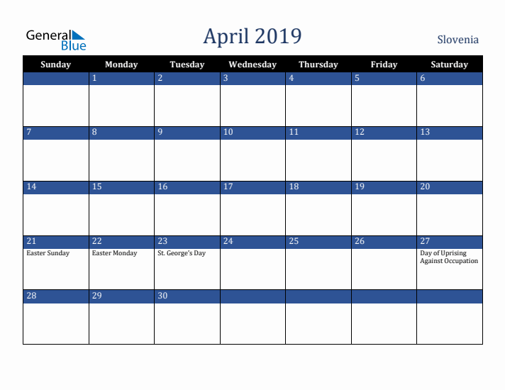 April 2019 Slovenia Calendar (Sunday Start)