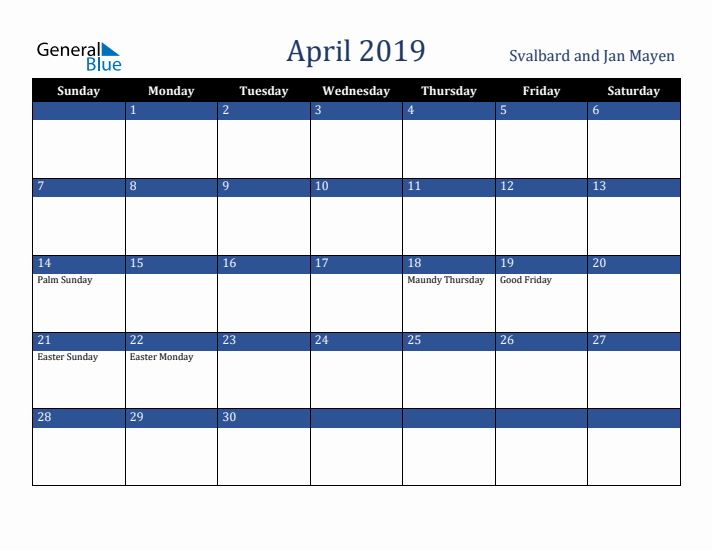 April 2019 Svalbard and Jan Mayen Calendar (Sunday Start)