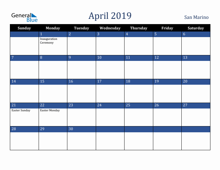 April 2019 San Marino Calendar (Sunday Start)