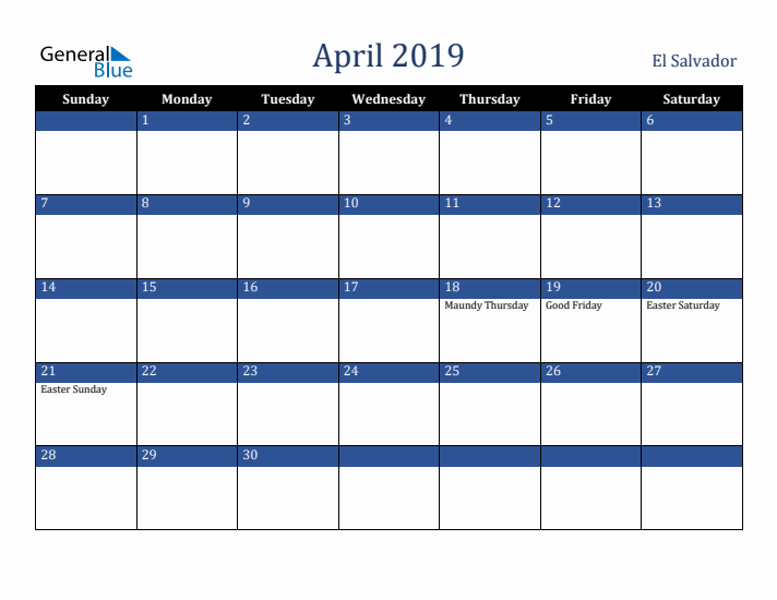 April 2019 El Salvador Calendar (Sunday Start)