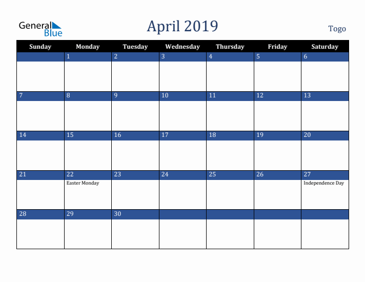 April 2019 Togo Calendar (Sunday Start)