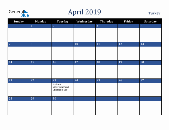 April 2019 Turkey Calendar (Sunday Start)