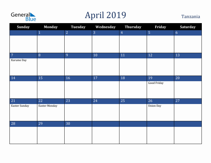 April 2019 Tanzania Calendar (Sunday Start)