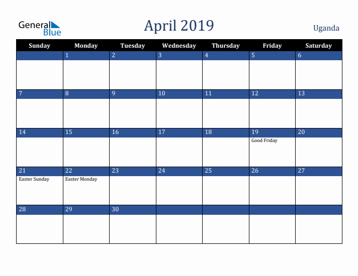April 2019 Uganda Calendar (Sunday Start)