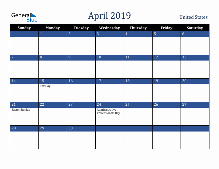 April 2019 United States Calendar (Sunday Start)
